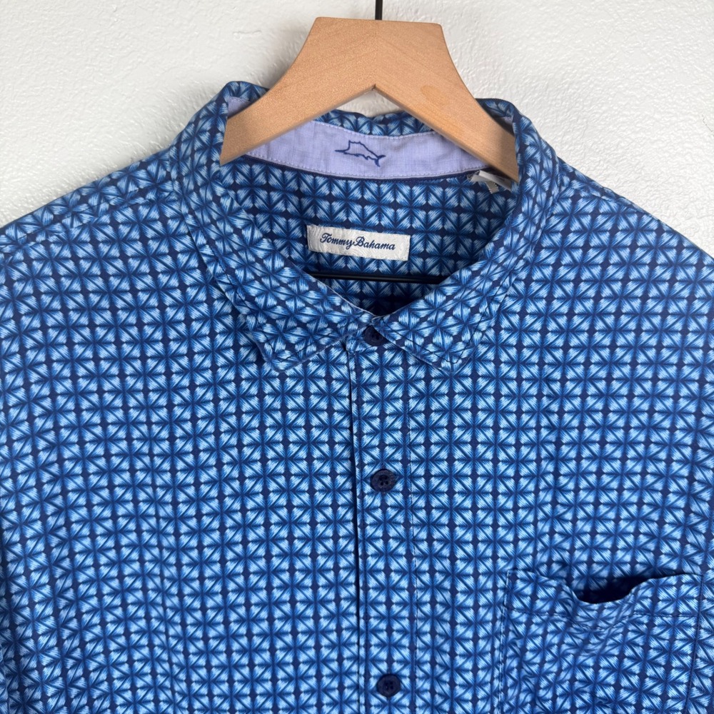 Tommy Bahama 3XL Blue Geometric Silk Short Sleeve Button Up Shirt Coasta Geo